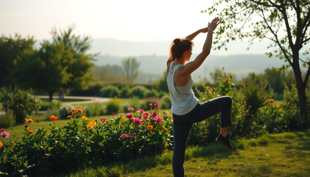 A peaceful, tranquil scene capturing the essence of mobility. In the foreground, a person gracefully performs a dynamic stretching pose, their body flowing with fluid motion. The middle ground features a serene, sun-dappled garden, lush with verdant foliage and vibrant flowers swaying gently in a light breeze. In the background, a soft, hazy skyline hints at the world beyond, conveying a sense of openness and possibility. The lighting is warm and diffused, creating a sense of calm and rejuvenation. Captured with a wide-angle lens, the scene evokes a holistic, integrated approach to physical wellbeing.