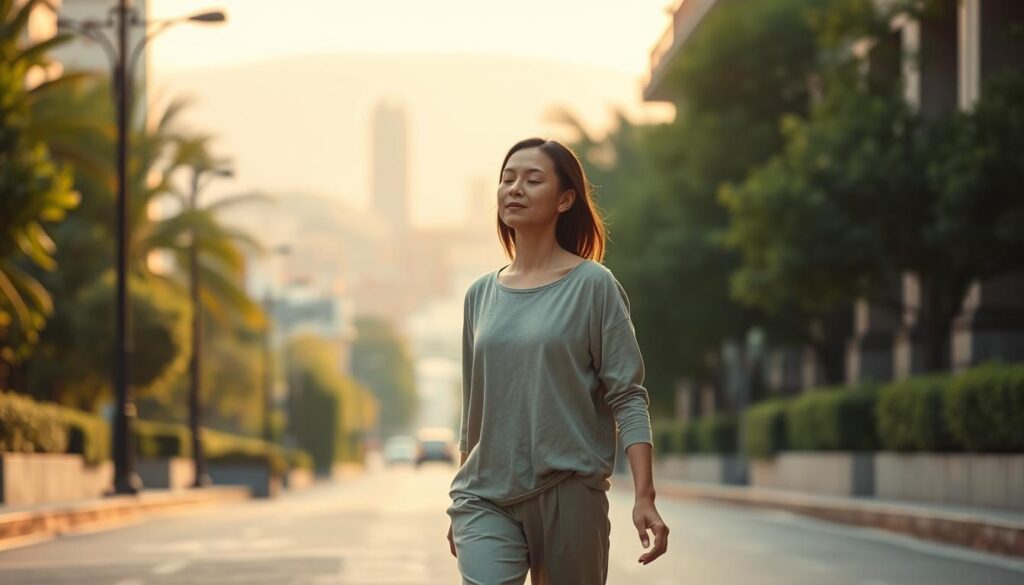 A person in a serene, peaceful state, walking mindfully through a tranquil urban setting. The foreground features the figure, dressed in comfortable, natural-toned clothing, with a focused, meditative expression, their steps deliberate and grounded. The middle ground showcases a city street or park path, flanked by lush greenery and architectural details that create a sense of calm and contemplation. The background gradually fades into a softly-lit, atmospheric cityscape or natural landscape, evoking a sense of harmony and balance. Soft, diffused lighting casts a warm, golden glow, accentuating the tranquil mood. The overall composition conveys a sense of mindfulness, inner peace, and the ability to find stillness amidst the bustle of everyday life. A person in a serene, peaceful state, walking mindfully through a tranquil urban setting. The foreground features the figure, dressed in comfortable, natural-toned clothing, with a focused, meditative expression, their steps deliberate and grounded. The middle ground showcases a city street or park path, flanked by lush greenery and architectural details that create a sense of calm and contemplation. The background gradually fades into a softly-lit, atmospheric cityscape or natural landscape, evoking a sense of harmony and balance. Soft, diffused lighting casts a warm, golden glow, accentuating the tranquil mood. The overall composition conveys a sense of mindfulness, inner peace, and the ability to find stillness amidst the bustle of everyday life.