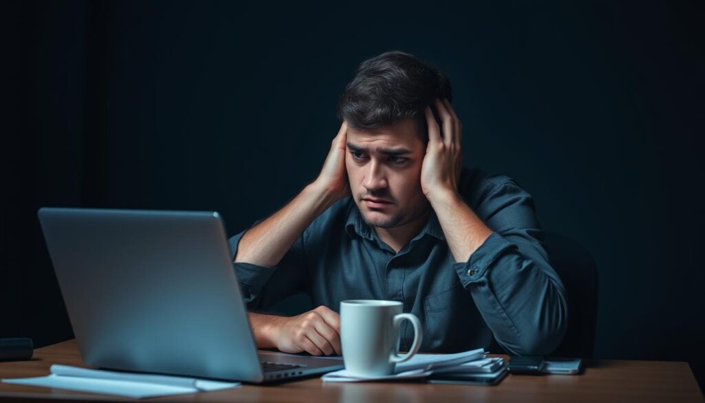 A person sitting at a desk, with a laptop, papers, and coffee mug, overwhelmed and exhausted. Their facial expression is strained, with dark circles under their eyes. The background is dimly lit, with a sense of heaviness and tension. Shades of blue and gray dominate the palette, reflecting the person's emotional state. Soft, diffuse lighting from above casts a somber, moody atmosphere. The composition emphasizes the person's isolation and the burden of their workload, capturing the essence of burnout.