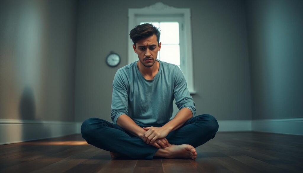 A person sitting cross-legged on the floor, battling intense food cravings during a fasting period. Their face shows a mix of determination and inner struggle, brow furrowed, lips pursed. The background is a simple, minimalist room with muted tones, conveying a sense of isolation and introspection. Soft, warm lighting from a nearby window casts a gentle glow, adding a meditative, almost spiritual atmosphere. The overall scene captures the challenging emotional and mental experience of managing cravings and withdrawal-like symptoms during a dopamine fast, as the person strives to reset their brain's reward system. A person sitting cross-legged on the floor, battling intense food cravings during a fasting period. Their face shows a mix of determination and inner struggle, brow furrowed, lips pursed. The background is a simple, minimalist room with muted tones, conveying a sense of isolation and introspection. Soft, warm lighting from a nearby window casts a gentle glow, adding a meditative, almost spiritual atmosphere. The overall scene captures the challenging emotional and mental experience of managing cravings and withdrawal-like symptoms during a dopamine fast, as the person strives to reset their brain's reward system.