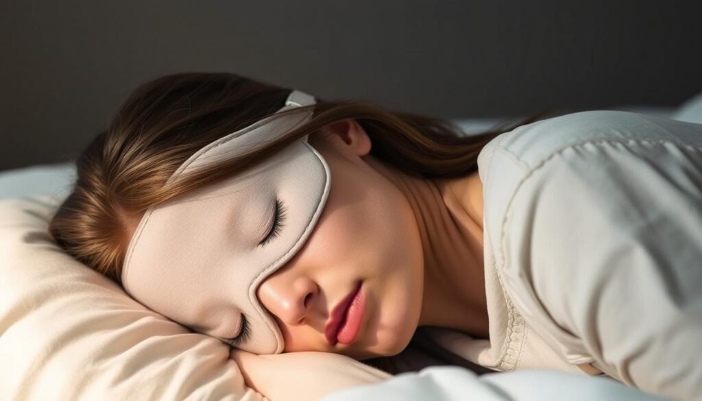 A person sleeping on their side, gently resting their head on a soft, contoured sleep mask. The mask is made of high-quality, breathable materials in a neutral, calming color. The lighting is soft and diffused, creating a serene, cozy atmosphere. The camera angle is slightly elevated, giving a birds-eye view of the sleeping figure, emphasizing the comfort and relaxation of the sleep position. The background is blurred, keeping the focus on the sleep mask and the person's restful pose.