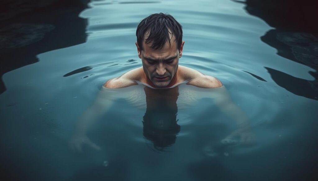 A person submerged in a cold, clear body of water, their skin glistening with droplets as they emerge. Dim, muted lighting casts a serene, contemplative atmosphere. The water's surface reflects the surroundings, creating a sense of depth and tranquility. The figure's expression conveys a mix of discomfort and focus, hinting at the physiological responses of the body during cold exposure. The composition emphasizes the isolated, introspective nature of the experience, with the figure at the center, surrounded by the calming, enveloping waters. A person submerged in a cold, clear body of water, their skin glistening with droplets as they emerge. Dim, muted lighting casts a serene, contemplative atmosphere. The water's surface reflects the surroundings, creating a sense of depth and tranquility. The figure's expression conveys a mix of discomfort and focus, hinting at the physiological responses of the body during cold exposure. The composition emphasizes the isolated, introspective nature of the experience, with the figure at the center, surrounded by the calming, enveloping waters.