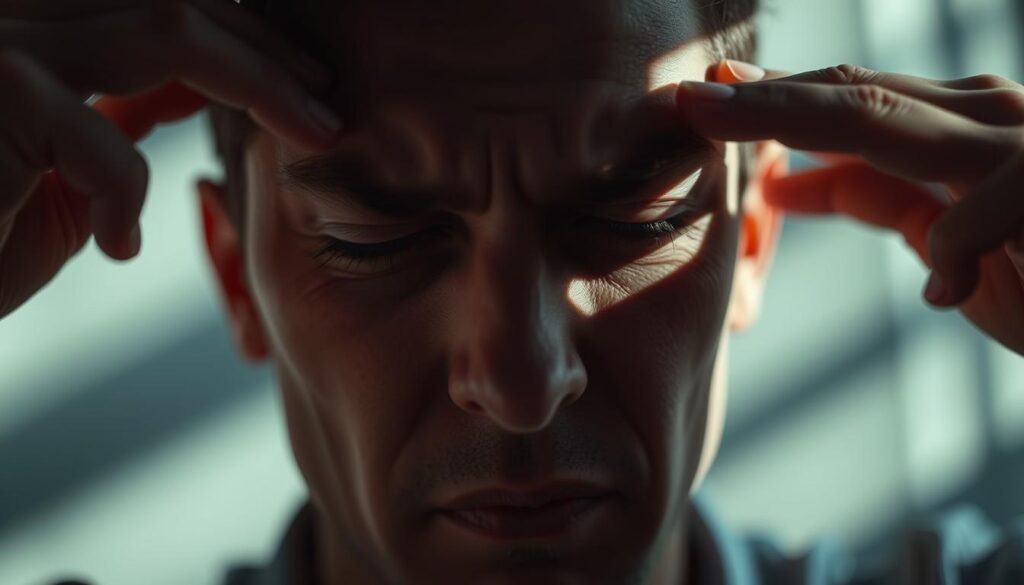 A person's face with strained, tired eyes, squinting and rubbing their temples. The foreground shows the person's facial features in sharp focus, capturing the tension and discomfort around the eyes. The middle ground blurs the background, emphasizing the subject's eye strain. Dramatic low-angle lighting casts shadows across the face, creating a moody, fatigued atmosphere. The image conveys the physical and mental exhaustion associated with prolonged screen time and digital eye strain. A person's face with strained, tired eyes, squinting and rubbing their temples. The foreground shows the person's facial features in sharp focus, capturing the tension and discomfort around the eyes. The middle ground blurs the background, emphasizing the subject's eye strain. Dramatic low-angle lighting casts shadows across the face, creating a moody, fatigued atmosphere. The image conveys the physical and mental exhaustion associated with prolonged screen time and digital eye strain.