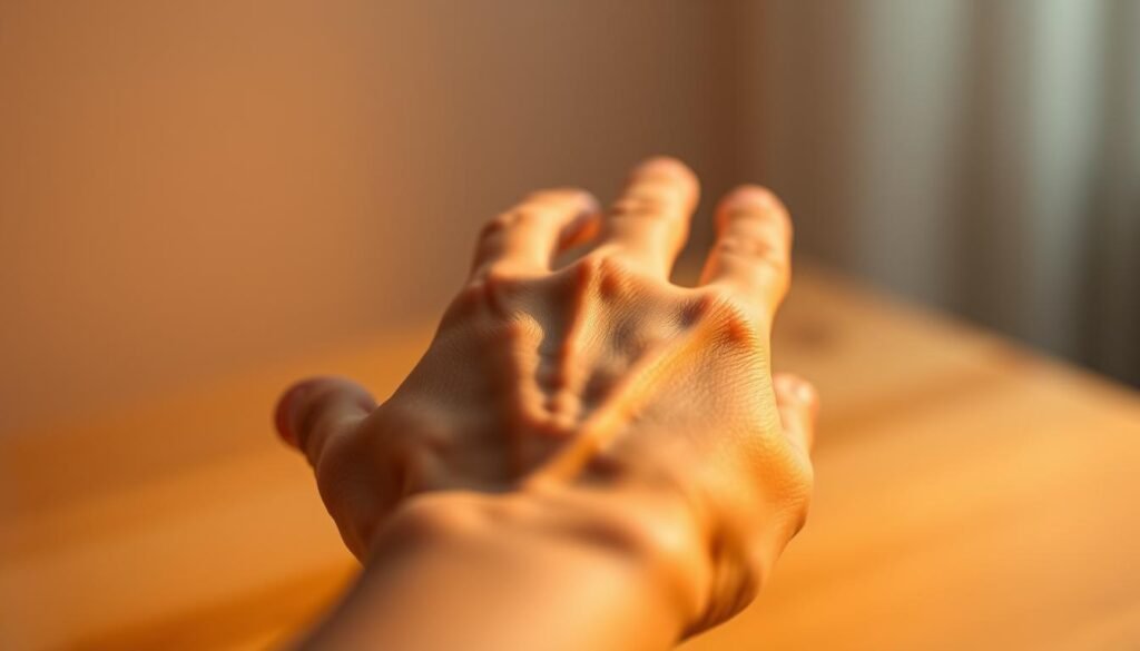 A person's hand gently touching acupressure points on the wrist, with a soft, warm lighting illuminating the scene. The fingertips are delicately applying pressure, tracing the meridian lines that connect the body's energy centers. The background is blurred, allowing the focus to remain on the intricate details of the hand and the skin's subtle reactions. The mood is one of calm, centered awareness, showcasing the deeply therapeutic nature of this ancient practice. The camera angle is slightly elevated, providing an intimate perspective on the meditative process of EFT tapping. A person's hand gently touching acupressure points on the wrist, with a soft, warm lighting illuminating the scene. The fingertips are delicately applying pressure, tracing the meridian lines that connect the body's energy centers. The background is blurred, allowing the focus to remain on the intricate details of the hand and the skin's subtle reactions. The mood is one of calm, centered awareness, showcasing the deeply therapeutic nature of this ancient practice. The camera angle is slightly elevated, providing an intimate perspective on the meditative process of EFT tapping.