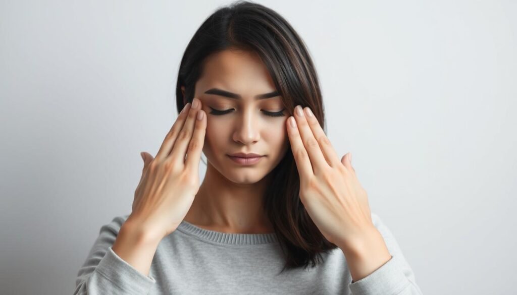 A person's hands performing the EFT (Emotional Freedom Techniques) tapping sequence on the face and upper body, with a calm, focused expression. The subject is framed in a medium shot against a plain, neutral background, allowing the tapping motions to be the central focus. Soft, diffused lighting creates gentle shadows and highlights the delicate movements. The overall mood is contemplative and serene, reflecting the mindfulness and self-care aspects of the tapping practice. A person's hands performing the EFT (Emotional Freedom Techniques) tapping sequence on the face and upper body, with a calm, focused expression. The subject is framed in a medium shot against a plain, neutral background, allowing the tapping motions to be the central focus. Soft, diffused lighting creates gentle shadows and highlights the delicate movements. The overall mood is contemplative and serene, reflecting the mindfulness and self-care aspects of the tapping practice.