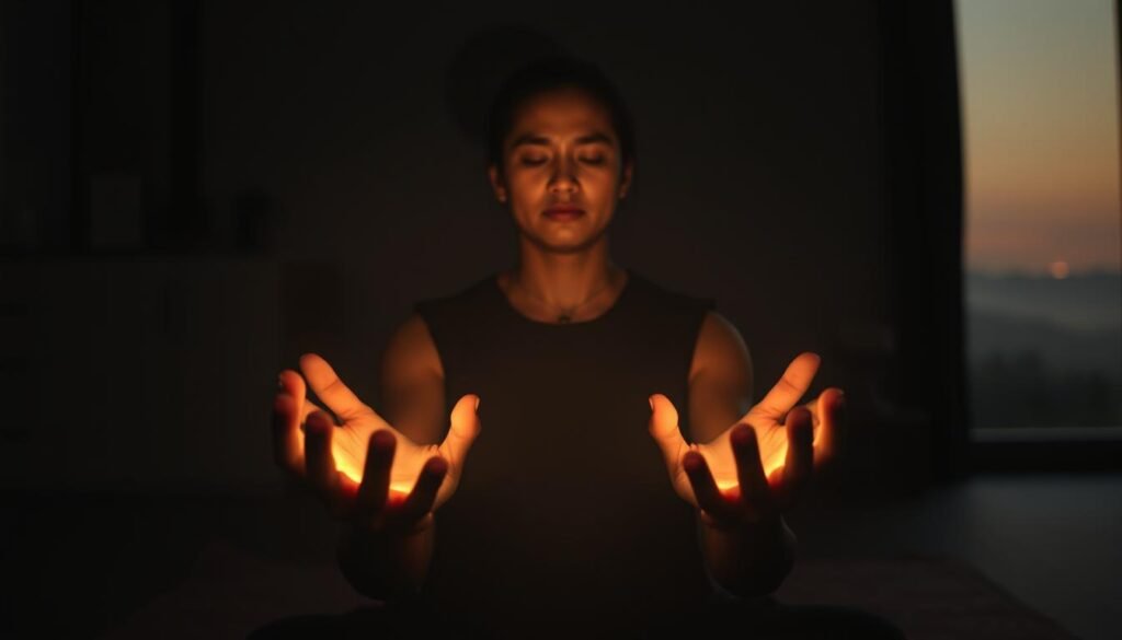 A practitioner sits in a serene, dimly lit room, their palms outstretched, fingers gently curled. An ethereal glow emanates from their hands, casting a soft, warm light upon their face. The air is thick with a palpable energy, as if the very molecules are vibrating with a subtle, yet potent, force. In the background, a hazy, dreamlike landscape unfolds, with muted colors and a sense of timelessness. The overall mood is one of deep concentration, introspection, and a profound connection to the unseen forces of the universe. A practitioner sits in a serene, dimly lit room, their palms outstretched, fingers gently curled. An ethereal glow emanates from their hands, casting a soft, warm light upon their face. The air is thick with a palpable energy, as if the very molecules are vibrating with a subtle, yet potent, force. In the background, a hazy, dreamlike landscape unfolds, with muted colors and a sense of timelessness. The overall mood is one of deep concentration, introspection, and a profound connection to the unseen forces of the universe.