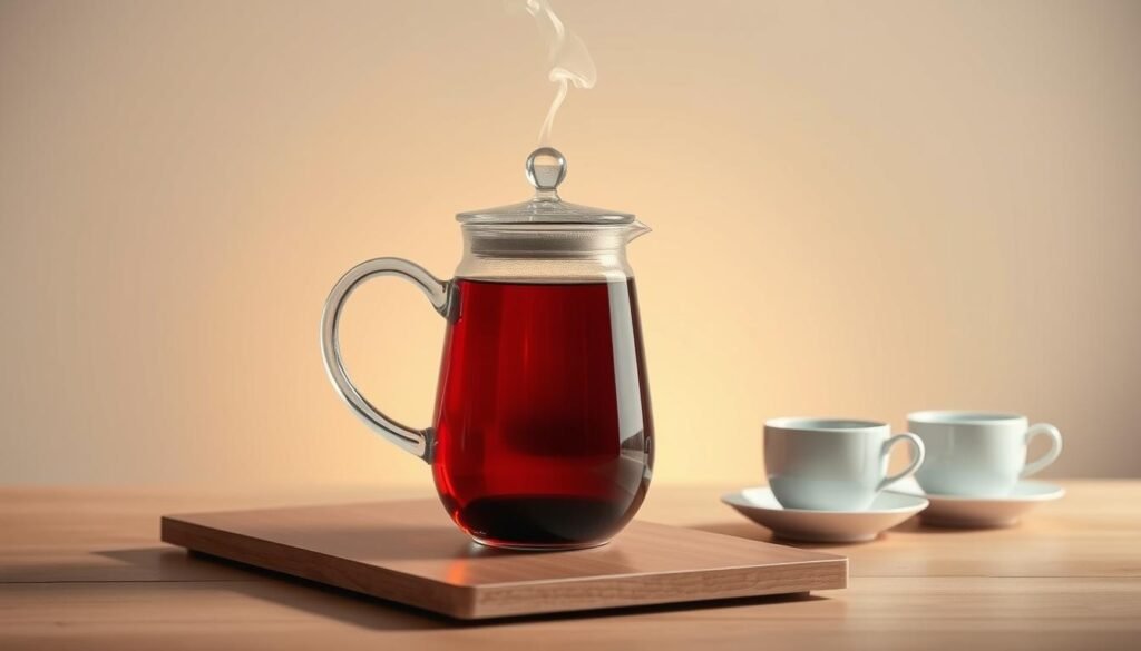 A pristine glass teapot filled with steaming black tea, its deep amber hue glowing in the soft, warm lighting. Delicate wisps of steam curl upwards, adding a sense of tranquility. The teapot rests on a sleek, minimalist wooden table, surrounded by a few neatly arranged tea cups and saucers, inviting the viewer to savor the moment. The background is a serene, muted palette, allowing the tea and its accessories to take center stage, emphasizing the focus and clarity it can bring. Captured with a crisp, high-resolution lens, the image conveys the sophisticated, nourishing essence of black tea.