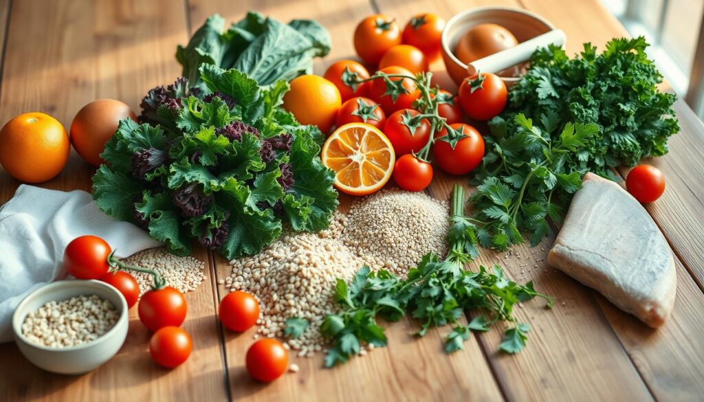 A pristine wooden table, bathed in warm, natural light, serves as the canvas for a carefully curated "weight loss nutrition plan". Vibrant fruits and vegetables - crisp kale, ruby-red tomatoes, and juicy oranges - are artfully arranged, complemented by wholesome grains, lean protein sources, and a variety of fresh herbs. The scene radiates a sense of balance and wholesome abundance, capturing the essence of a holistic, nutritious diet plan. The composition is captured with a shallow depth of field, ensuring the key elements remain in sharp focus, while the background softly blurs, creating a serene and inviting atmosphere. A pristine wooden table, bathed in warm, natural light, serves as the canvas for a carefully curated "weight loss nutrition plan". Vibrant fruits and vegetables - crisp kale, ruby-red tomatoes, and juicy oranges - are artfully arranged, complemented by wholesome grains, lean protein sources, and a variety of fresh herbs. The scene radiates a sense of balance and wholesome abundance, capturing the essence of a holistic, nutritious diet plan. The composition is captured with a shallow depth of field, ensuring the key elements remain in sharp focus, while the background softly blurs, creating a serene and inviting atmosphere.