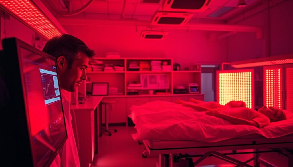 A research laboratory interior, illuminated by the deep, warm glow of red light therapy lamps. In the foreground, a researcher carefully examines data on a computer screen, their face partially obscured by the crimson hue. In the middle ground, test subjects recline on specialized red light therapy beds, their bodies bathed in the therapeutic radiance. The background reveals shelves of scientific equipment, charts, and diagrams, creating a sense of a focused, clinical environment dedicated to understanding the effects of red light therapy. The overall mood is one of contemplation and scientific inquiry, with the red light lending a sense of tranquility and introspection. A research laboratory interior, illuminated by the deep, warm glow of red light therapy lamps. In the foreground, a researcher carefully examines data on a computer screen, their face partially obscured by the crimson hue. In the middle ground, test subjects recline on specialized red light therapy beds, their bodies bathed in the therapeutic radiance. The background reveals shelves of scientific equipment, charts, and diagrams, creating a sense of a focused, clinical environment dedicated to understanding the effects of red light therapy. The overall mood is one of contemplation and scientific inquiry, with the red light lending a sense of tranquility and introspection.