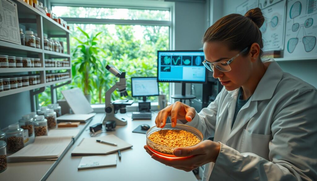 A research laboratory setting with shelves of seed samples, scientific instruments, and detailed diagrams on the walls. In the foreground, a researcher carefully examines a petri dish filled with various seeds under the soft glow of task lighting. The middle ground features a microscope, notebooks, and a computer monitor displaying data visualizations. The background showcases a large window overlooking a lush, verdant garden, hinting at the connection between the scientific research and the natural world. The overall atmosphere is one of focused, meticulous inquiry and a sense of discovery.