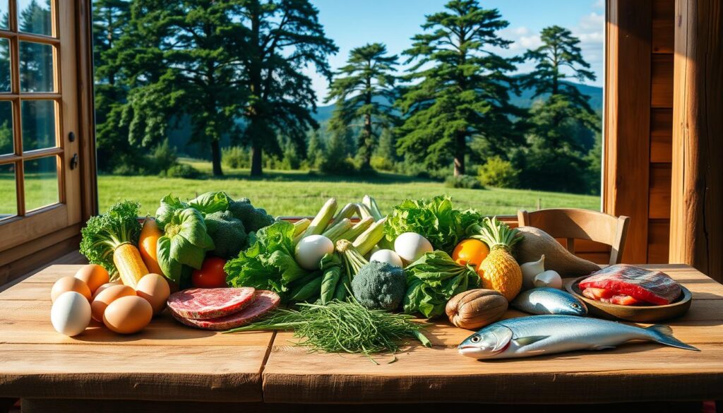 A rustic, wooden table set with an assortment of paleo-friendly ingredients: freshly picked vegetables, free-range eggs, grass-fed meat, and wild-caught fish. The lighting is warm and natural, casting a soft glow over the scene. In the background, a lush, green landscape with towering trees and a clear, blue sky can be seen through a large window, emphasizing the connection between the paleo diet and the natural world. The overall composition evokes a sense of simplicity, wholesomeness, and a return to our ancestral roots. A rustic, wooden table set with an assortment of paleo-friendly ingredients: freshly picked vegetables, free-range eggs, grass-fed meat, and wild-caught fish. The lighting is warm and natural, casting a soft glow over the scene. In the background, a lush, green landscape with towering trees and a clear, blue sky can be seen through a large window, emphasizing the connection between the paleo diet and the natural world. The overall composition evokes a sense of simplicity, wholesomeness, and a return to our ancestral roots.