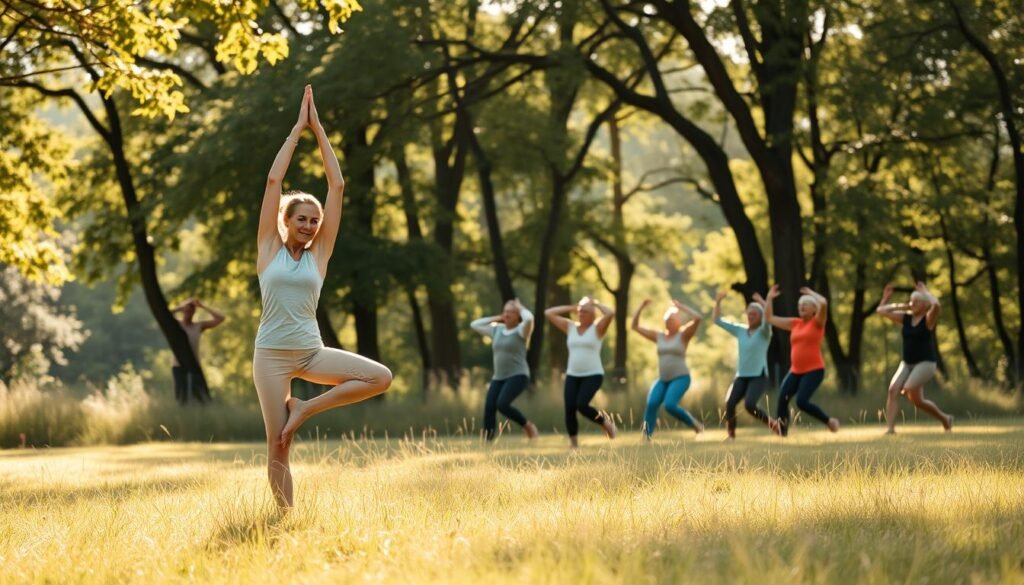 A serene, airy scene depicting the essence of mindful movement for strength and healthy aging. In the foreground, a graceful figure performs a centered, flowing yoga pose on a sun-dappled meadow. The middle ground features a group of older adults engaged in gentle, coordinated exercises, their movements harmonious and focused. In the background, a lush forest canopy filters warm, soft light, creating a sense of tranquility and vitality. The overall composition conveys a mood of balance, rejuvenation, and the natural harmony of the human form in motion.