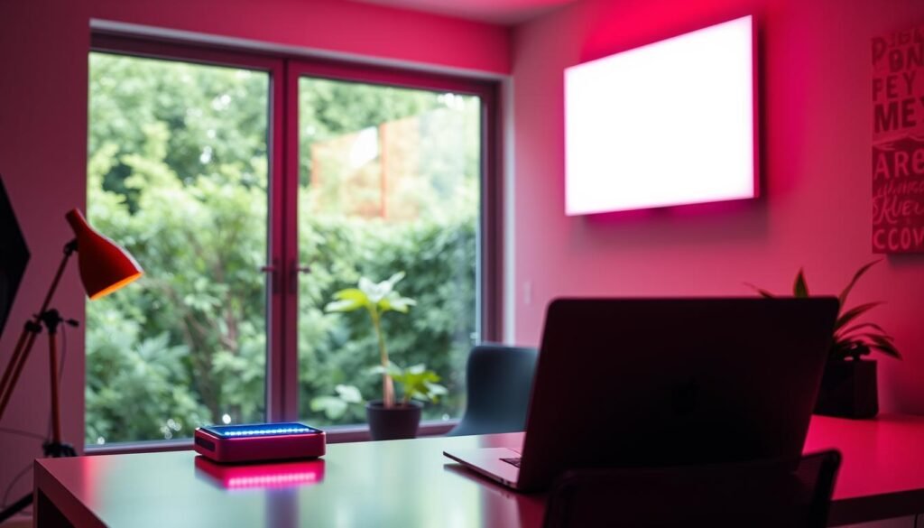 A serene and calming scene of a modern home office, bathed in a warm glow of red and blue light therapy. The foreground features a sleek, minimalist desk with a laptop and a small, rectangular light therapy device emitting a gentle, soothing light. In the middle ground, a large, full-spectrum light panel is mounted on the wall, casting a soft, diffused illumination throughout the space. The background showcases a large window overlooking a lush, verdant garden, creating a sense of tranquility and connection to nature. The overall atmosphere is one of focused, yet relaxed productivity, with the lighting designed to enhance eye health and cognitive function.