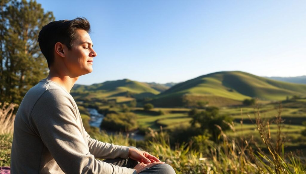 A serene and calming scene of a person practicing Emotional Freedom Technique (EFT) or "tapping" in a peaceful, natural setting. The foreground depicts a person sitting cross-legged, eyes closed, gently tapping on acupressure points on their face and upper body, with a focused, meditative expression. The middle ground features a lush, verdant landscape, with rolling hills, a tranquil stream, and a clear blue sky overhead. Warm, golden lighting bathes the scene, creating a soothing, therapeutic atmosphere. The angle is shot from a slight elevated perspective, giving a sense of calm observation. The overall mood evokes a feeling of relaxation, mindfulness, and the effective, safe application of EFT in daily life. A serene and calming scene of a person practicing Emotional Freedom Technique (EFT) or "tapping" in a peaceful, natural setting. The foreground depicts a person sitting cross-legged, eyes closed, gently tapping on acupressure points on their face and upper body, with a focused, meditative expression. The middle ground features a lush, verdant landscape, with rolling hills, a tranquil stream, and a clear blue sky overhead. Warm, golden lighting bathes the scene, creating a soothing, therapeutic atmosphere. The angle is shot from a slight elevated perspective, giving a sense of calm observation. The overall mood evokes a feeling of relaxation, mindfulness, and the effective, safe application of EFT in daily life.