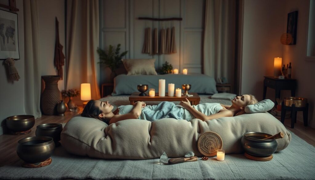 A serene and cozy bedroom setting, dimly lit with soft, ambient lighting. In the foreground, a person reclines comfortably on a plush, oversized floor cushion, their eyes closed, immersed in a sound bath experience. Various singing bowls, chimes, and other sound healing instruments are strategically placed around the room, creating a soothing, meditative atmosphere. The middle ground features a low table with a scattering of crystals, candles, and other calming elements. The background showcases a tranquil, minimalist decor, with muted colors and textures that further enhance the relaxing ambiance. The overall scene conveys a sense of deep relaxation and restorative sleep. A serene and cozy bedroom setting, dimly lit with soft, ambient lighting. In the foreground, a person reclines comfortably on a plush, oversized floor cushion, their eyes closed, immersed in a sound bath experience. Various singing bowls, chimes, and other sound healing instruments are strategically placed around the room, creating a soothing, meditative atmosphere. The middle ground features a low table with a scattering of crystals, candles, and other calming elements. The background showcases a tranquil, minimalist decor, with muted colors and textures that further enhance the relaxing ambiance. The overall scene conveys a sense of deep relaxation and restorative sleep.