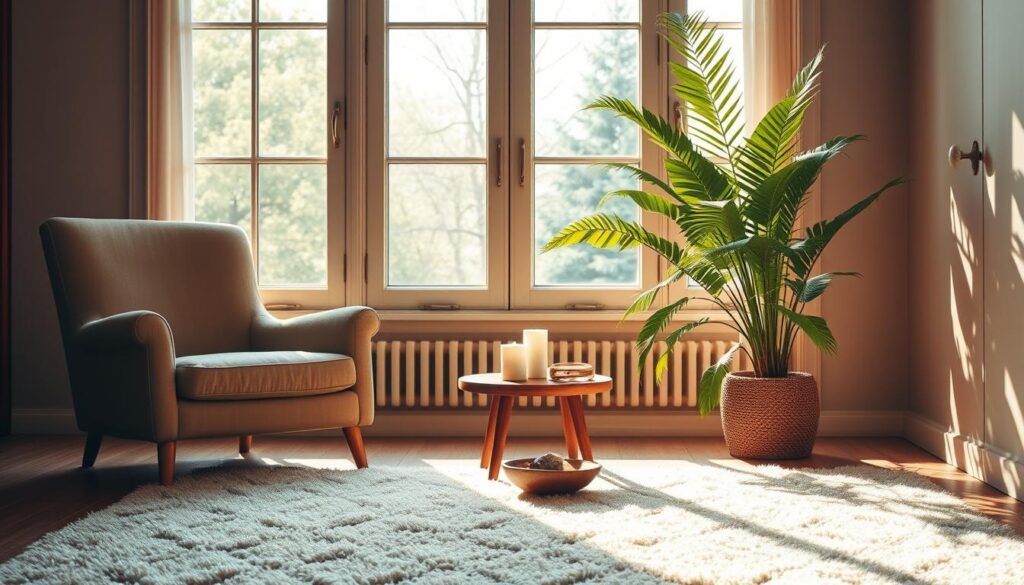 A serene and grounding meditation space, bathed in warm natural light filtering through large windows. In the foreground, a comfortable armchair and a soft, plush rug invite the viewer to pause and breathe deeply. The middle ground features a wooden side table with a candle and a small bowl of crystals, creating a calming ambiance. The background showcases a lush, green plant, its leaves gently swaying, symbolizing the connection to nature and inner peace. The overall atmosphere exudes a sense of safety, tranquility, and emotional readiness for a restorative practice. A serene and grounding meditation space, bathed in warm natural light filtering through large windows. In the foreground, a comfortable armchair and a soft, plush rug invite the viewer to pause and breathe deeply. The middle ground features a wooden side table with a candle and a small bowl of crystals, creating a calming ambiance. The background showcases a lush, green plant, its leaves gently swaying, symbolizing the connection to nature and inner peace. The overall atmosphere exudes a sense of safety, tranquility, and emotional readiness for a restorative practice.
