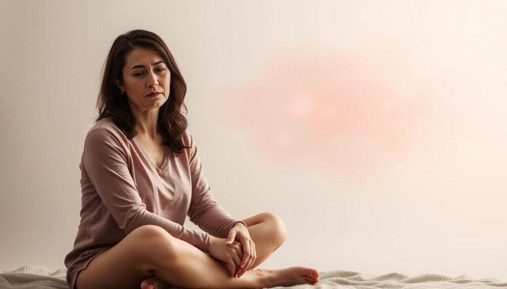 A serene and introspective scene depicting the physical and emotional experiences of perimenopause. In the foreground, a woman sits cross-legged, her face expressing a mix of contemplation and mild discomfort, as she experiences irregular and unpredictable menstrual cycles. The middle ground features a subtle visual representation of these fluctuating hormones, with soft, ethereal shapes and hues gently pulsing and shifting. The background is a calming, muted palette, conveying a sense of tranquility and inner reflection amidst the changes of this transitional phase of life. Soft, diffused lighting bathes the scene, creating a gentle, atmospheric mood. A serene and introspective scene depicting the physical and emotional experiences of perimenopause. In the foreground, a woman sits cross-legged, her face expressing a mix of contemplation and mild discomfort, as she experiences irregular and unpredictable menstrual cycles. The middle ground features a subtle visual representation of these fluctuating hormones, with soft, ethereal shapes and hues gently pulsing and shifting. The background is a calming, muted palette, conveying a sense of tranquility and inner reflection amidst the changes of this transitional phase of life. Soft, diffused lighting bathes the scene, creating a gentle, atmospheric mood.