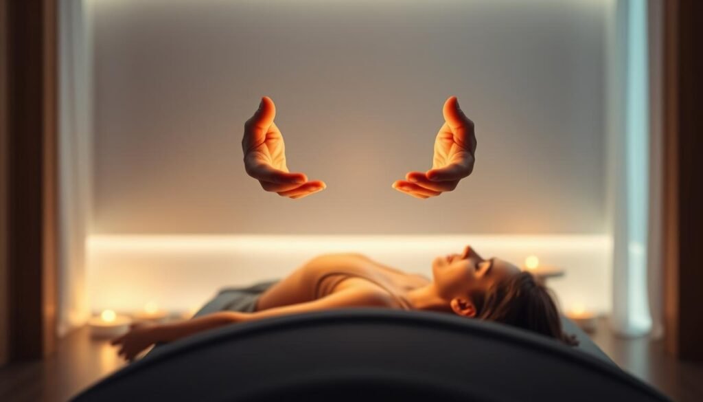 A serene and meditative scene depicting energy healing. In the foreground, a Reiki practitioner's hands hover gently above a patient, their palms emanating a soft, glowing aura. The patient lies peacefully on a table, eyes closed, as waves of energy flow through their body. The background is a minimalist, dimly lit room with natural wood tones and calming ambient lighting, creating an atmosphere of tranquility and focus. The camera angle is slightly elevated, capturing the interaction between the healer and the patient in a contemplative, almost spiritual manner. The overall mood is one of balance, restoration, and the invisible forces that govern our wellbeing. A serene and meditative scene depicting energy healing. In the foreground, a Reiki practitioner's hands hover gently above a patient, their palms emanating a soft, glowing aura. The patient lies peacefully on a table, eyes closed, as waves of energy flow through their body. The background is a minimalist, dimly lit room with natural wood tones and calming ambient lighting, creating an atmosphere of tranquility and focus. The camera angle is slightly elevated, capturing the interaction between the healer and the patient in a contemplative, almost spiritual manner. The overall mood is one of balance, restoration, and the invisible forces that govern our wellbeing.
