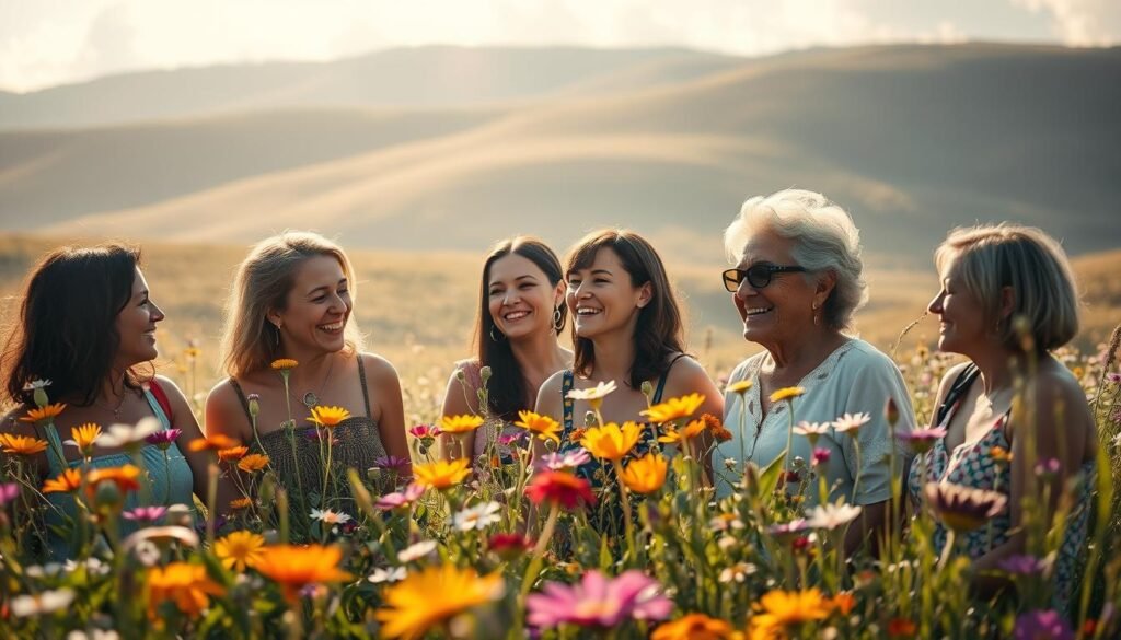 A serene and sun-dappled meadow, lush with vibrant wildflowers in bloom. In the foreground, a group of people of diverse ages and backgrounds share a moment of genuine, heartfelt connection, their faces alight with expressions of joy, gratitude, and inner peace. Soft, warm lighting filters through the scene, imbuing it with a sense of tranquility and emotional resonance. The background features a gently rolling landscape, with wispy clouds drifting overhead, conveying a feeling of expansiveness and possibility. The overall composition evokes a profound sense of emotional well-being, reflecting the transformative power of gratitude on the human mind and spirit.