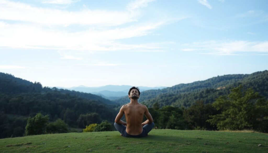 A serene and tranquil landscape with rolling hills, a calming blue sky, and lush green foliage. In the foreground, a person sits cross-legged, eyes closed, and hands resting gently on their lap, depicting the meditative state associated with a "dopamine fast". The lighting is soft and diffused, creating a peaceful atmosphere. The camera angle is slightly elevated, giving a sense of introspection and focus. The overall scene conveys the benefits of a dopamine fast, such as reduced stress, improved cognitive function, and a renewed sense of well-being. A serene and tranquil landscape with rolling hills, a calming blue sky, and lush green foliage. In the foreground, a person sits cross-legged, eyes closed, and hands resting gently on their lap, depicting the meditative state associated with a "dopamine fast". The lighting is soft and diffused, creating a peaceful atmosphere. The camera angle is slightly elevated, giving a sense of introspection and focus. The overall scene conveys the benefits of a dopamine fast, such as reduced stress, improved cognitive function, and a renewed sense of well-being.