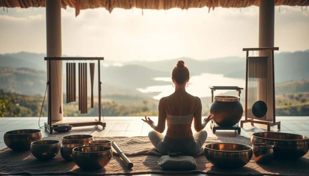 A serene and tranquil scene of a sound bath experience. In the foreground, a person sits in a meditative pose, eyes closed, surrounded by various healing instruments such as crystal singing bowls, chimes, and gongs. The middle ground features an ambient lighting setup, with soft, diffused rays of light creating a calming atmosphere. In the background, a soothing, natural landscape emerges, with rolling hills, lush vegetation, and a calming body of water. The overall mood is one of deep relaxation, stress reduction, and a heightened sense of inner peace and well-being. A serene and tranquil scene of a sound bath experience. In the foreground, a person sits in a meditative pose, eyes closed, surrounded by various healing instruments such as crystal singing bowls, chimes, and gongs. The middle ground features an ambient lighting setup, with soft, diffused rays of light creating a calming atmosphere. In the background, a soothing, natural landscape emerges, with rolling hills, lush vegetation, and a calming body of water. The overall mood is one of deep relaxation, stress reduction, and a heightened sense of inner peace and well-being.