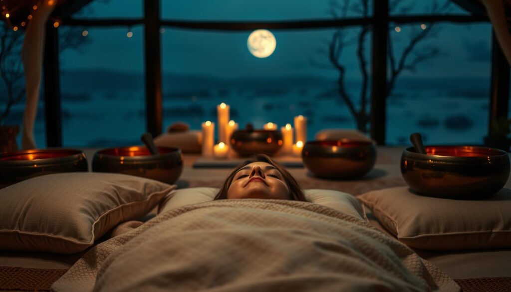 A serene and tranquil sound bath scene. In the foreground, soft pillows and blankets surround a person lying peacefully, eyes closed, as they bask in the soothing vibrations of crystal singing bowls. The middle ground features a dimly lit space with atmospheric lighting, infused with the warm glow of candles. In the background, a ethereal, natural landscape with a calming body of water reflects the moonlight. The overall atmosphere is one of deep relaxation, where the stresses of the day melt away, allowing the mind and body to find a profound sense of rest and rejuvenation. A serene and tranquil sound bath scene. In the foreground, soft pillows and blankets surround a person lying peacefully, eyes closed, as they bask in the soothing vibrations of crystal singing bowls. The middle ground features a dimly lit space with atmospheric lighting, infused with the warm glow of candles. In the background, a ethereal, natural landscape with a calming body of water reflects the moonlight. The overall atmosphere is one of deep relaxation, where the stresses of the day melt away, allowing the mind and body to find a profound sense of rest and rejuvenation.