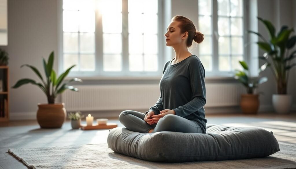 A serene and well-lit meditation room, filled with natural light streaming through large windows. In the foreground, a person sits cross-legged on a plush, gray meditation cushion, eyes closed, hands resting gently on their lap. The mid-ground features an array of calming elements, such as a potted plant, a tealight candle, and a small, wooden incense holder. The background is softly blurred, creating a sense of focus and tranquility. The overall atmosphere is one of safety, mindfulness, and deep, rhythmic breathing.