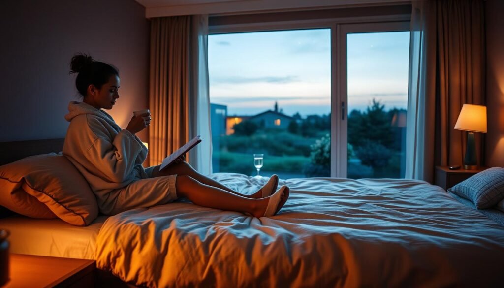 A serene bedroom at twilight, with soft ambient lighting casting a warm glow. In the foreground, a person sits on the edge of a plush, inviting bed, wrapped in a cozy robe and slippers, engaging in a calming bedtime routine - perhaps drinking a soothing herbal tea, reading a book, or practicing gentle stretches. Nearby, a nightstand holds a small table lamp, a glass of water, and a few personal items. The middle ground features a tranquil window overlooking a peaceful, natural landscape, like a garden or a starry night sky. The background is filled with muted, neutral-toned walls and soft textiles, creating a sense of comfort and relaxation. A serene bedroom at twilight, with soft ambient lighting casting a warm glow. In the foreground, a person sits on the edge of a plush, inviting bed, wrapped in a cozy robe and slippers, engaging in a calming bedtime routine - perhaps drinking a soothing herbal tea, reading a book, or practicing gentle stretches. Nearby, a nightstand holds a small table lamp, a glass of water, and a few personal items. The middle ground features a tranquil window overlooking a peaceful, natural landscape, like a garden or a starry night sky. The background is filled with muted, neutral-toned walls and soft textiles, creating a sense of comfort and relaxation.