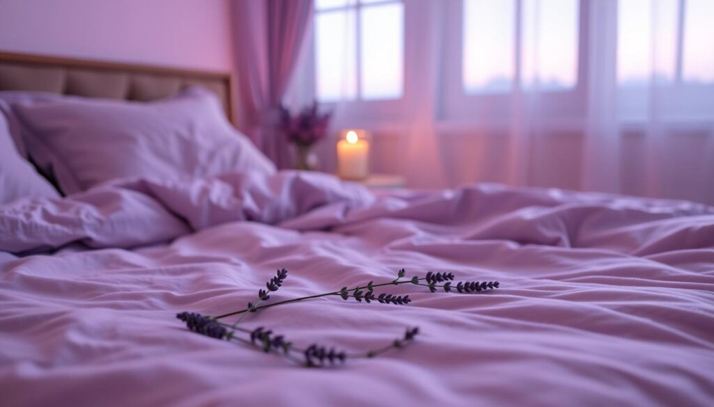 A serene bedroom bathed in the soft, ethereal glow of lavender-colored lighting. In the foreground, a plush, lavender-hued bedspread and fluffy pillows invite a restful slumber. Delicate sprigs of fresh lavender are scattered across the linens, their calming aroma permeating the air. In the middle ground, a bedside table holds a single lavender-scented candle, its gentle flame casting a warm, soothing ambiance. The background features alavender-tinged window, allowing the soft twilight to filter in, creating a tranquil, meditative atmosphere. The overall scene exudes a sense of deep relaxation and harmonious balance, perfectly suited for a restorative sleep experience.