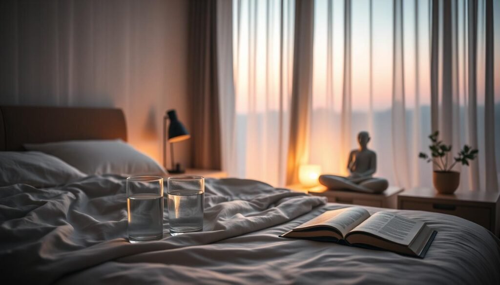 A serene bedroom scene at dusk, with soft, warm lighting filtering through sheer curtains. A comfortable-looking bed with cozy bedding invites relaxation, while a nightstand holds a glass of water and a book. In the background, a meditation cushion and a small plant add to the calming ambiance. The overall atmosphere conveys a sense of tranquility and good sleep hygiene, encouraging a restful night's sleep without reliance on pharmaceutical aids. The camera angle is slightly elevated, capturing the scene from a peaceful, contemplative perspective. A serene bedroom scene at dusk, with soft, warm lighting filtering through sheer curtains. A comfortable-looking bed with cozy bedding invites relaxation, while a nightstand holds a glass of water and a book. In the background, a meditation cushion and a small plant add to the calming ambiance. The overall atmosphere conveys a sense of tranquility and good sleep hygiene, encouraging a restful night's sleep without reliance on pharmaceutical aids. The camera angle is slightly elevated, capturing the scene from a peaceful, contemplative perspective.