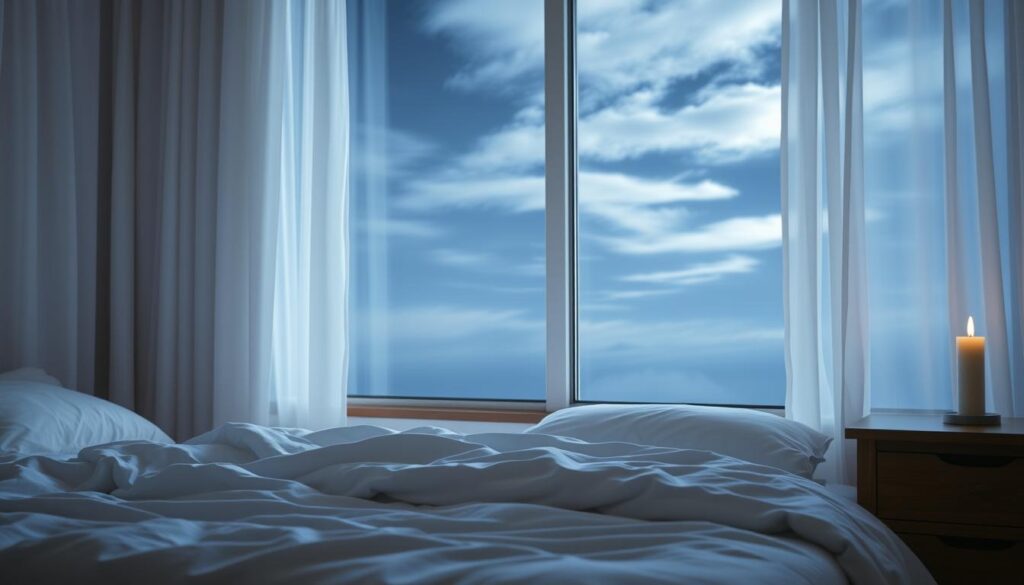 A serene bedroom scene, bathed in soft, diffused light filtering through sheer curtains. In the foreground, an inviting bed with pristine white linens and a plush comforter, beckoning the viewer to sink into its cozy embrace. Wispy wisps of clouds drift across the night sky visible through the window, hinting at the tranquil natural rhythms that govern healthy sleep patterns. The atmosphere is one of calming stillness, free from distractions, creating the ideal environment for the mind and body to unwind and reset. A wooden nightstand with a single candle flickering casts a warm glow, adding to the sense of peaceful sanctuary. This is a space designed to cultivate the restorative, effortless sleep that eludes those struggling with insomnia. A serene bedroom scene, bathed in soft, diffused light filtering through sheer curtains. In the foreground, an inviting bed with pristine white linens and a plush comforter, beckoning the viewer to sink into its cozy embrace. Wispy wisps of clouds drift across the night sky visible through the window, hinting at the tranquil natural rhythms that govern healthy sleep patterns. The atmosphere is one of calming stillness, free from distractions, creating the ideal environment for the mind and body to unwind and reset. A wooden nightstand with a single candle flickering casts a warm glow, adding to the sense of peaceful sanctuary. This is a space designed to cultivate the restorative, effortless sleep that eludes those struggling with insomnia.
