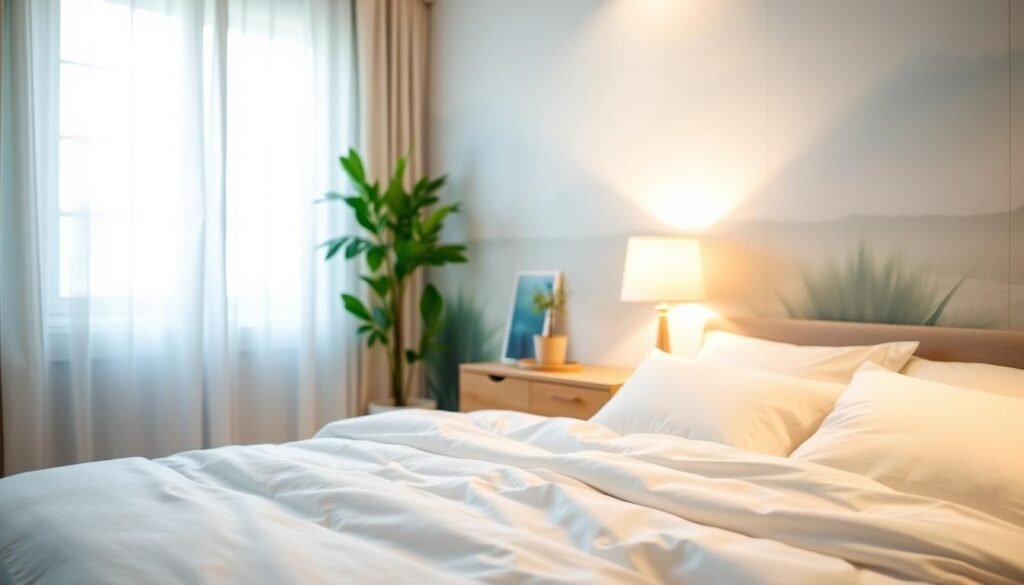 A serene bedroom scene with a calming, natural atmosphere. In the foreground, a comfortable bed with fresh, crisp white linens and a plush comforter, inviting rest. Soft lighting filters through sheer curtains, casting a warm glow. In the middle ground, a nightstand with a simple, minimalist lamp and a small potted plant, symbolizing the harmony of the space. The background features a soothing, nature-inspired wallpaper or mural, perhaps with subtle patterns or a calming landscape, creating a tranquil and restorative environment. The overall mood is one of peaceful relaxation, supporting the natural circadian rhythm. A serene bedroom scene with a calming, natural atmosphere. In the foreground, a comfortable bed with fresh, crisp white linens and a plush comforter, inviting rest. Soft lighting filters through sheer curtains, casting a warm glow. In the middle ground, a nightstand with a simple, minimalist lamp and a small potted plant, symbolizing the harmony of the space. The background features a soothing, nature-inspired wallpaper or mural, perhaps with subtle patterns or a calming landscape, creating a tranquil and restorative environment. The overall mood is one of peaceful relaxation, supporting the natural circadian rhythm.