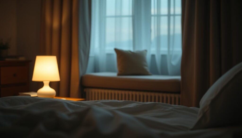 A serene bedroom scene with a peaceful, dimly lit atmosphere. In the foreground, a comfortable bed with soft, inviting bedding and pillows. On the nightstand, a warm, glowing lamp casts a gentle light, illuminating a small, tranquil object, such as a relaxing essential oil diffuser or a simple, calming trinket. The middle ground features a cozy reading chair or window seat, suggesting a space for unwinding and preparing for sleep. The background depicts a calming, neutral-toned wall or curtains, creating a sense of privacy and coziness. The overall scene evokes a sense of comfort, relaxation, and the feeling of being gently guided towards a restful, peaceful slumber. A serene bedroom scene with a peaceful, dimly lit atmosphere. In the foreground, a comfortable bed with soft, inviting bedding and pillows. On the nightstand, a warm, glowing lamp casts a gentle light, illuminating a small, tranquil object, such as a relaxing essential oil diffuser or a simple, calming trinket. The middle ground features a cozy reading chair or window seat, suggesting a space for unwinding and preparing for sleep. The background depicts a calming, neutral-toned wall or curtains, creating a sense of privacy and coziness. The overall scene evokes a sense of comfort, relaxation, and the feeling of being gently guided towards a restful, peaceful slumber.