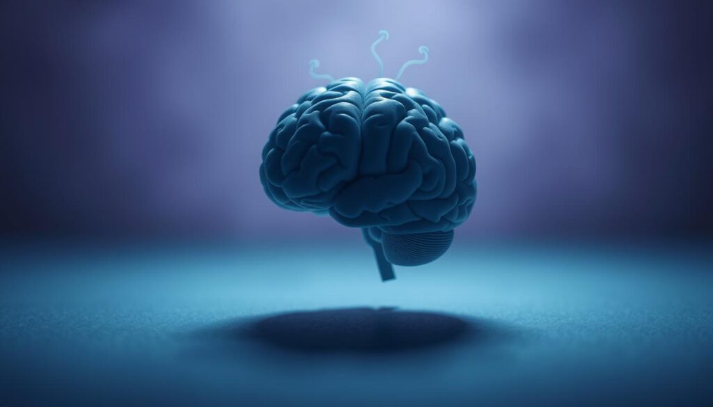 A serene, brain-shaped figure hovers in a dimly lit, contemplative space. The brain is rendered in shades of blue and gray, conveying a sense of calm and introspection. Wisps of energy or neural pathways emanate from the figure, suggesting the flow of thought and cognition. The background is softly blurred, with muted tones of purple and indigo, creating an atmosphere of focus and clarity. Soft, diffused lighting casts subtle shadows, accentuating the form and adding depth. The overall impression is one of a thoughtful, "brain-first" approach to well-being, balancing the mental and emotional aspects of health.