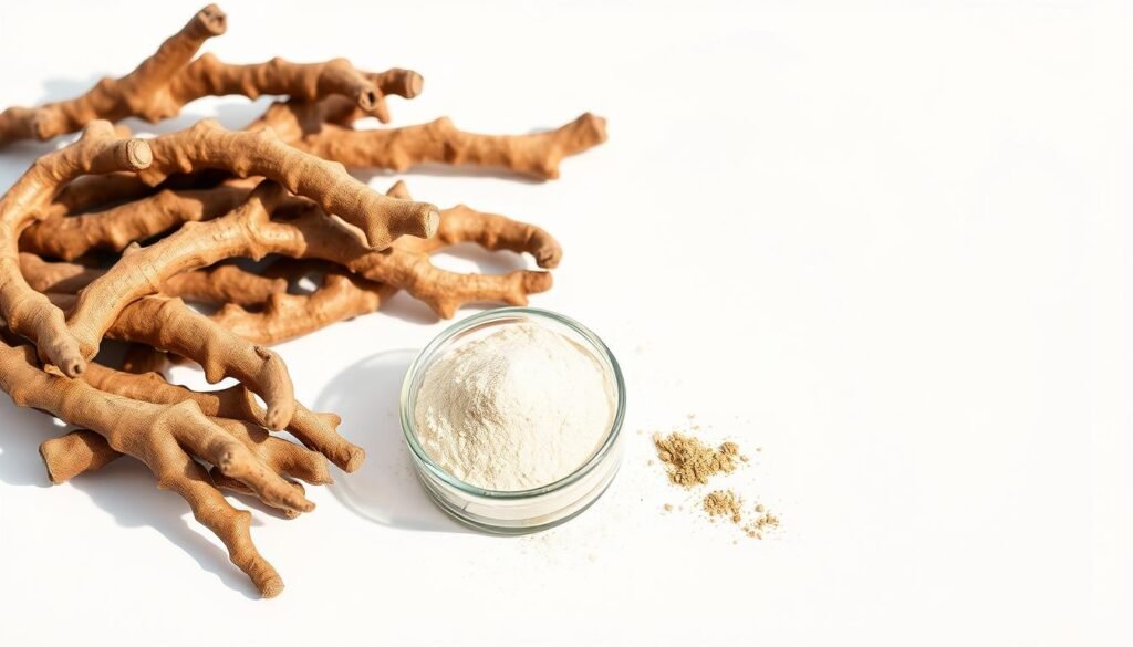 A serene close-up of withania somnifera (ashwagandha) roots, rhizomes, and powder against a clean, minimalist white background. The roots are arranged neatly, highlighting their gnarled, earthy texture. The powdered form is displayed in a clear glass container, casting soft shadows. Warm, natural lighting from the side creates depth and highlights the intricate details. The overall composition conveys a sense of purity, simplicity, and the medicinal properties of this ancient Ayurvedic herb. A serene close-up of withania somnifera (ashwagandha) roots, rhizomes, and powder against a clean, minimalist white background. The roots are arranged neatly, highlighting their gnarled, earthy texture. The powdered form is displayed in a clear glass container, casting soft shadows. Warm, natural lighting from the side creates depth and highlights the intricate details. The overall composition conveys a sense of purity, simplicity, and the medicinal properties of this ancient Ayurvedic herb.