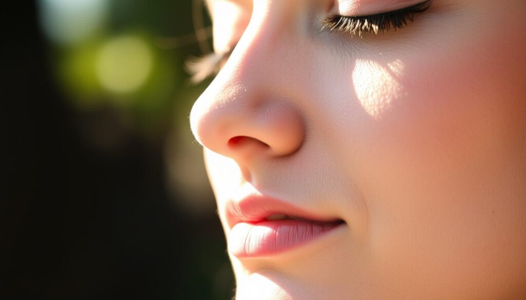 A serene close-up portrait of a person's face, eyes closed, with the focus on the nose and mouth, capturing the gentle flow of breath. The skin is luminous, lit by soft, diffused natural lighting from the side, creating a sense of calm and introspection. The background is blurred, but hints at a tranquil, natural setting - perhaps a garden or forest. The composition is balanced, drawing the viewer's attention to the subject's peaceful expression and the subtle movement of the breath. The mood is one of grounding, mindfulness, and inner stillness. A serene close-up portrait of a person's face, eyes closed, with the focus on the nose and mouth, capturing the gentle flow of breath. The skin is luminous, lit by soft, diffused natural lighting from the side, creating a sense of calm and introspection. The background is blurred, but hints at a tranquil, natural setting - perhaps a garden or forest. The composition is balanced, drawing the viewer's attention to the subject's peaceful expression and the subtle movement of the breath. The mood is one of grounding, mindfulness, and inner stillness.