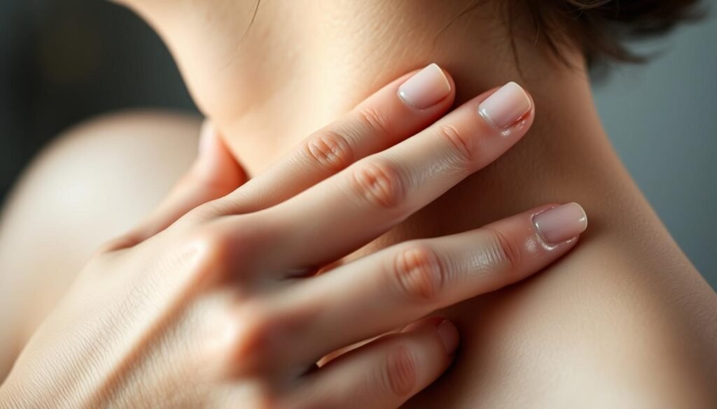 A serene close-up view of a human hand gently resting on the neck, fingers lightly tracing the path of the vagus nerve. Soft, diffused lighting creates a calming atmosphere, highlighting the delicate skin tones and the subtle contours of the neck. The composition draws the viewer's attention to the point of contact, suggesting a moment of intentional, mindful connection with this vital neural pathway. The image conveys a sense of tranquility and self-care, reflecting the core techniques of the "Vagus Nerve Reset" practice that can be performed anywhere.