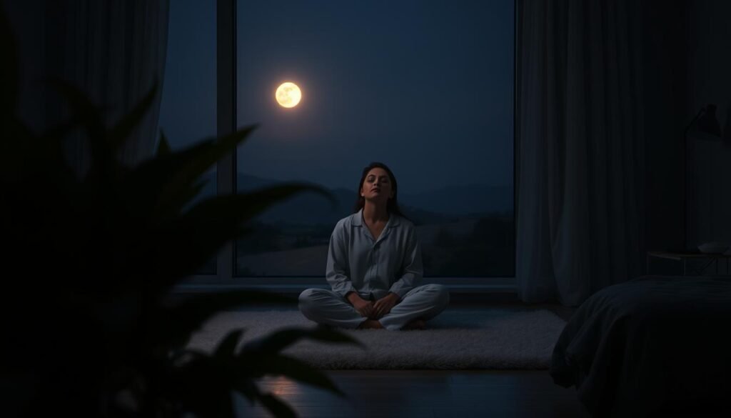 A serene, dimly lit bedroom scene with a lush, verdant potted plant in the foreground. In the middle ground, a person in comfortable pajamas sits cross-legged on a plush rug, eyes closed, radiating a sense of calm and relaxation. The background depicts a tranquil nighttime landscape, with a full moon casting a soft, warm glow through the window. The overall atmosphere conveys the restorative benefits of rest, mindfulness, and reduced digital distractions.