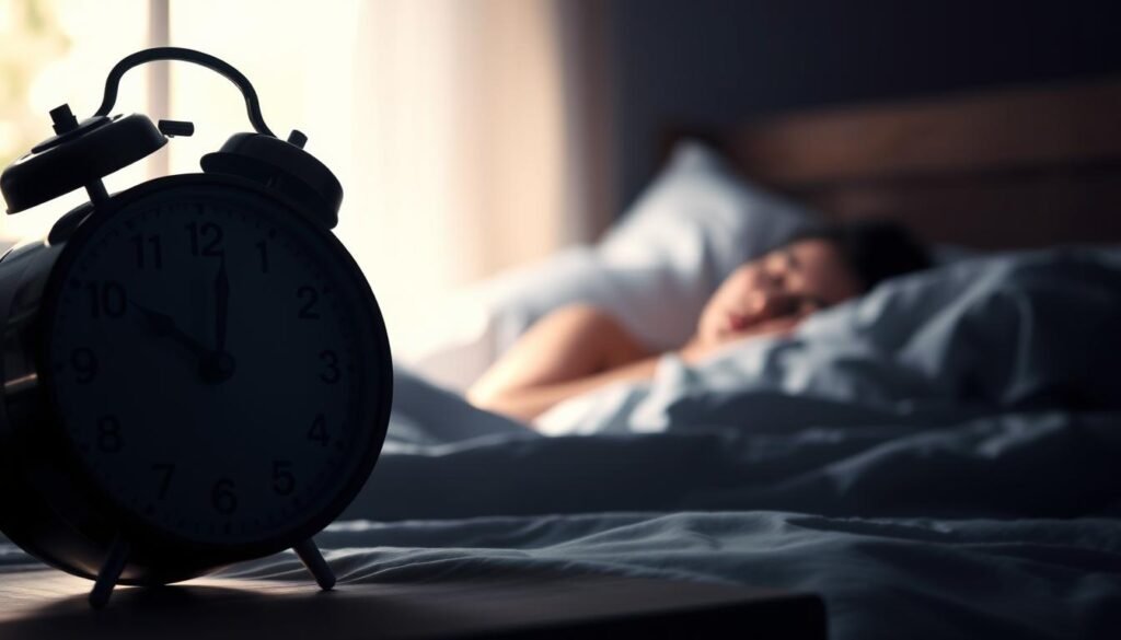 A serene, dimly lit bedroom scene. In the foreground, an analog clock displays the time, symbolizing the individual's circadian rhythm. The middle ground features a person sleeping peacefully, their face half-obscured by bedsheets, representing the importance of sleep for one's chronotype. The background shows a window with soft, natural light filtering in, creating a warm, calming atmosphere. The scene conveys a sense of balance and harmony, reflecting the significance of understanding and aligning one's chronotype for optimal health, sleep, and productivity. A serene, dimly lit bedroom scene. In the foreground, an analog clock displays the time, symbolizing the individual's circadian rhythm. The middle ground features a person sleeping peacefully, their face half-obscured by bedsheets, representing the importance of sleep for one's chronotype. The background shows a window with soft, natural light filtering in, creating a warm, calming atmosphere. The scene conveys a sense of balance and harmony, reflecting the significance of understanding and aligning one's chronotype for optimal health, sleep, and productivity.