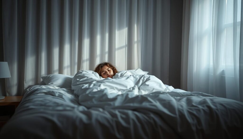 A serene, dimly lit bedroom with soft, diffused lighting filtering through sheer curtains. On the bed, a person is curled up, wrapped in soft, cozy bedding, their face relaxed and peaceful. The room is filled with a sense of calm and tranquility, creating an atmosphere conducive to restful, rejuvenating sleep. The composition highlights the central figure, with the background gently fading into a hazy, dreamlike quality. The overall scene conveys the importance of high-quality sleep as the foundation for sustainable energy and well-being.