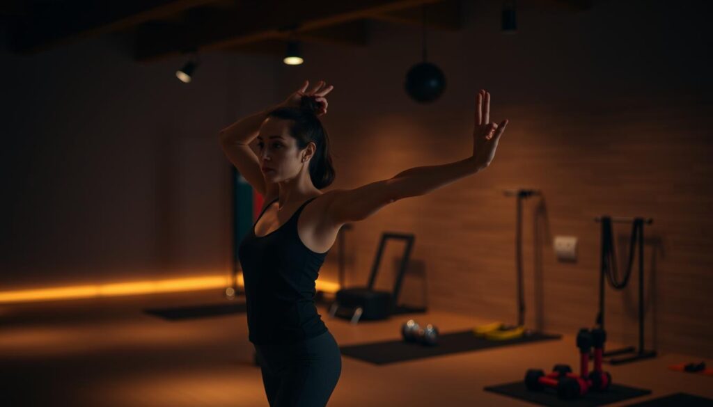 A serene, dimly-lit indoor studio with warm, mellow lighting. In the foreground, a person is gracefully performing a mindful yoga pose, their movements fluid and focused. Their expression is calm and introspective. In the middle ground, various exercise equipment like resistance bands and free weights are arranged neatly, hinting at the connection between mindful movement and strength training. The background features muted, organic textures like wood paneling or natural stone, creating a tranquil, meditative ambiance. The overall scene conveys a sense of balance, control, and mental clarity.