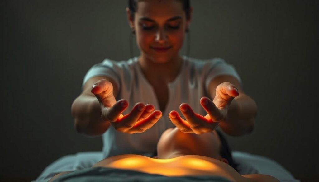 A serene, dimly lit room with a soft, warm glow emanating from the palms of a practitioner's hands as they hover over the body of a patient lying on a treatment table. The practitioner's eyes are closed in deep concentration, their face exuding a sense of calm and focus. The patient's expression is one of peaceful relaxation, their aura glowing with a subtle energy field. The background is blurred, emphasizing the intimate connection between the healer and the healed. Lens: 50mm, aperture: f/2.8, lighting: natural, diffused. A serene, dimly lit room with a soft, warm glow emanating from the palms of a practitioner's hands as they hover over the body of a patient lying on a treatment table. The practitioner's eyes are closed in deep concentration, their face exuding a sense of calm and focus. The patient's expression is one of peaceful relaxation, their aura glowing with a subtle energy field. The background is blurred, emphasizing the intimate connection between the healer and the healed. Lens: 50mm, aperture: f/2.8, lighting: natural, diffused.