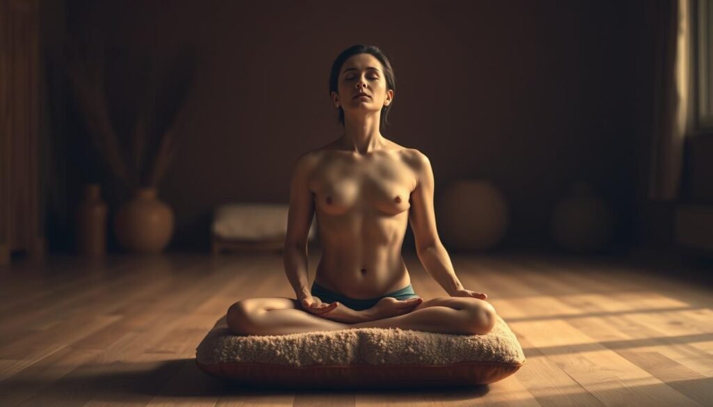 A serene, dimly lit room with warm, golden lighting. In the center, a person sitting cross-legged on a plush, earthy-toned cushion, their eyes closed in deep focus. Their chest rises and falls in a rhythmic, targeted breath pattern, the inhalations and exhalations visible through the gentle movement of their abdomen. The background is softly blurred, with natural textures and muted colors creating a soothing, meditative atmosphere. The overall scene evokes a sense of tranquility, inner calm, and the transformative power of intentional breathwork.