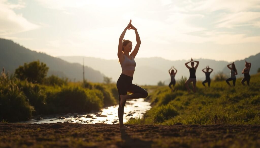 A serene, ethereal scene of mindful movement and its benefits. In the foreground, a figure gracefully flowing through a yoga pose, bathed in warm, diffused lighting. The middle ground features a tranquil natural landscape - lush greenery, a gently flowing stream, and a clear sky with wispy clouds. In the background, additional silhouettes of people engaged in various mindful exercises, emphasizing the inclusive and diverse nature of this practice. The overall mood is one of peace, balance, and a sense of renewal, conveying the holistic benefits of this approach to movement and wellness. A serene, ethereal scene of mindful movement and its benefits. In the foreground, a figure gracefully flowing through a yoga pose, bathed in warm, diffused lighting. The middle ground features a tranquil natural landscape - lush greenery, a gently flowing stream, and a clear sky with wispy clouds. In the background, additional silhouettes of people engaged in various mindful exercises, emphasizing the inclusive and diverse nature of this practice. The overall mood is one of peace, balance, and a sense of renewal, conveying the holistic benefits of this approach to movement and wellness.