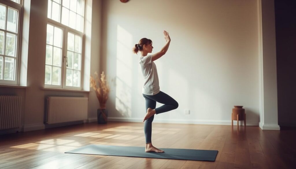 A serene figure in a sun-dappled yoga studio, performing a grounding tree pose. Soft natural light filters through large windows, casting a warm glow on the hardwood floors. The practitioner's movement is graceful and intentional, their gaze inward, exuding a sense of peaceful focus. The background is minimalist, with simple decor elements that complement the tranquil atmosphere. The camera angle is slightly elevated, providing a balanced, calming perspective on the 10-minute practice. An image that evokes a sense of restorative tranquility and mindfulness. A serene figure in a sun-dappled yoga studio, performing a grounding tree pose. Soft natural light filters through large windows, casting a warm glow on the hardwood floors. The practitioner's movement is graceful and intentional, their gaze inward, exuding a sense of peaceful focus. The background is minimalist, with simple decor elements that complement the tranquil atmosphere. The camera angle is slightly elevated, providing a balanced, calming perspective on the 10-minute practice. An image that evokes a sense of restorative tranquility and mindfulness.