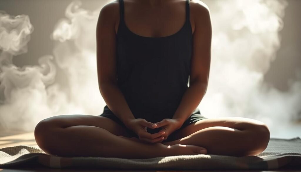 A serene figure sits cross-legged, eyes closed, palms resting gently on knees. Soft, natural lighting bathes the scene, creating a calming, introspective atmosphere. In the background, wisps of mist or smoke suggest the gentle flow of breath, while the foreground captures the practiced stillness of the breathwork session. The composition is balanced, with the central figure anchoring the frame and the peripheral elements subtly accentuating the meditative experience. The overall effect is one of tranquility, focus, and the transformative power of conscious breathing.