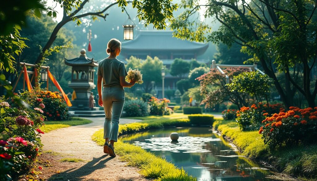 A serene figure walking mindfully through a tranquil garden, the path winding through lush greenery and vibrant flowers. Soft, diffused natural lighting filters through the trees, casting a warm, contemplative glow. The walker's gaze is turned inward, their steps measured and deliberate, as they practice the art of present-moment awareness. In the middle ground, a small koi pond reflects the scene, its gentle ripples mirroring the walker's calm, meditative state. In the background, the architecture of a traditional Asian temple stands as a symbol of the spiritual practice. An atmosphere of inner peace and harmony pervades the entire image. A serene figure walking mindfully through a tranquil garden, the path winding through lush greenery and vibrant flowers. Soft, diffused natural lighting filters through the trees, casting a warm, contemplative glow. The walker's gaze is turned inward, their steps measured and deliberate, as they practice the art of present-moment awareness. In the middle ground, a small koi pond reflects the scene, its gentle ripples mirroring the walker's calm, meditative state. In the background, the architecture of a traditional Asian temple stands as a symbol of the spiritual practice. An atmosphere of inner peace and harmony pervades the entire image.