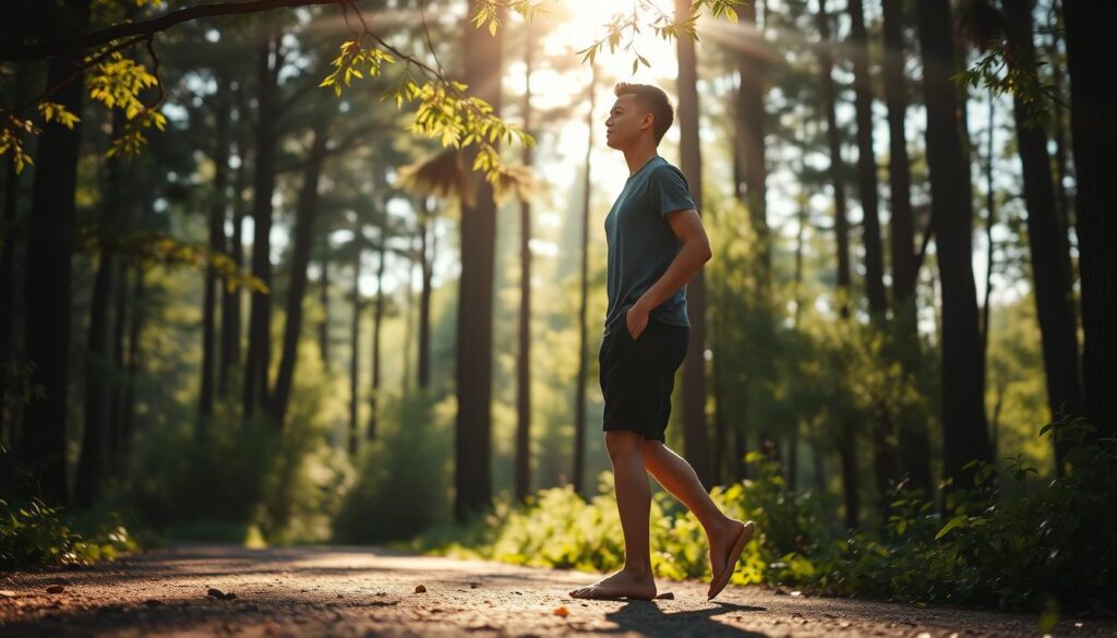 A serene figure walks mindfully, their steps deliberate and grounded. Sunlight filters through swaying branches, casting a warm, dappled glow on the path ahead. The person's posture is upright yet relaxed, their gaze focused inward, attuned to the sensations of the body in motion. The background is a tranquil woodland setting, with tall trees and lush, verdant foliage creating a sense of peaceful solitude. The overall mood is one of calm awareness, inviting the viewer to embody the practice of mindful movement.