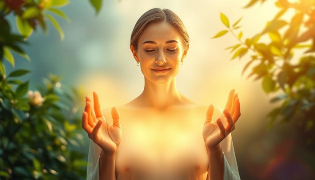 A serene, glowing figure emanating soothing, healing energy. Soft, warm light radiates from the figure's hands, casting a gentle glow across the tranquil, ethereal background. The figure's expression is calm and compassionate, inviting the viewer to feel a sense of peace and well-being. Lush, verdant foliage frames the scene, adding to the natural, restorative atmosphere. Subtle lens flare and a dreamlike depth of field contribute to the overall calming and rejuvenating mood. A serene, glowing figure emanating soothing, healing energy. Soft, warm light radiates from the figure's hands, casting a gentle glow across the tranquil, ethereal background. The figure's expression is calm and compassionate, inviting the viewer to feel a sense of peace and well-being. Lush, verdant foliage frames the scene, adding to the natural, restorative atmosphere. Subtle lens flare and a dreamlike depth of field contribute to the overall calming and rejuvenating mood.