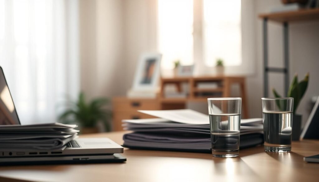A serene home office space, with a well-organized desk featuring a laptop, a stack of reference materials, and a glass of water. Soft, natural lighting filters in through a nearby window, casting a warm, focused glow on the work surface. The background is blurred, hinting at a tranquil, minimalist interior design. The overall atmosphere conveys a sense of preparedness, calm, and attention to detail - an ideal setting for hormone testing preparation. A serene home office space, with a well-organized desk featuring a laptop, a stack of reference materials, and a glass of water. Soft, natural lighting filters in through a nearby window, casting a warm, focused glow on the work surface. The background is blurred, hinting at a tranquil, minimalist interior design. The overall atmosphere conveys a sense of preparedness, calm, and attention to detail - an ideal setting for hormone testing preparation.